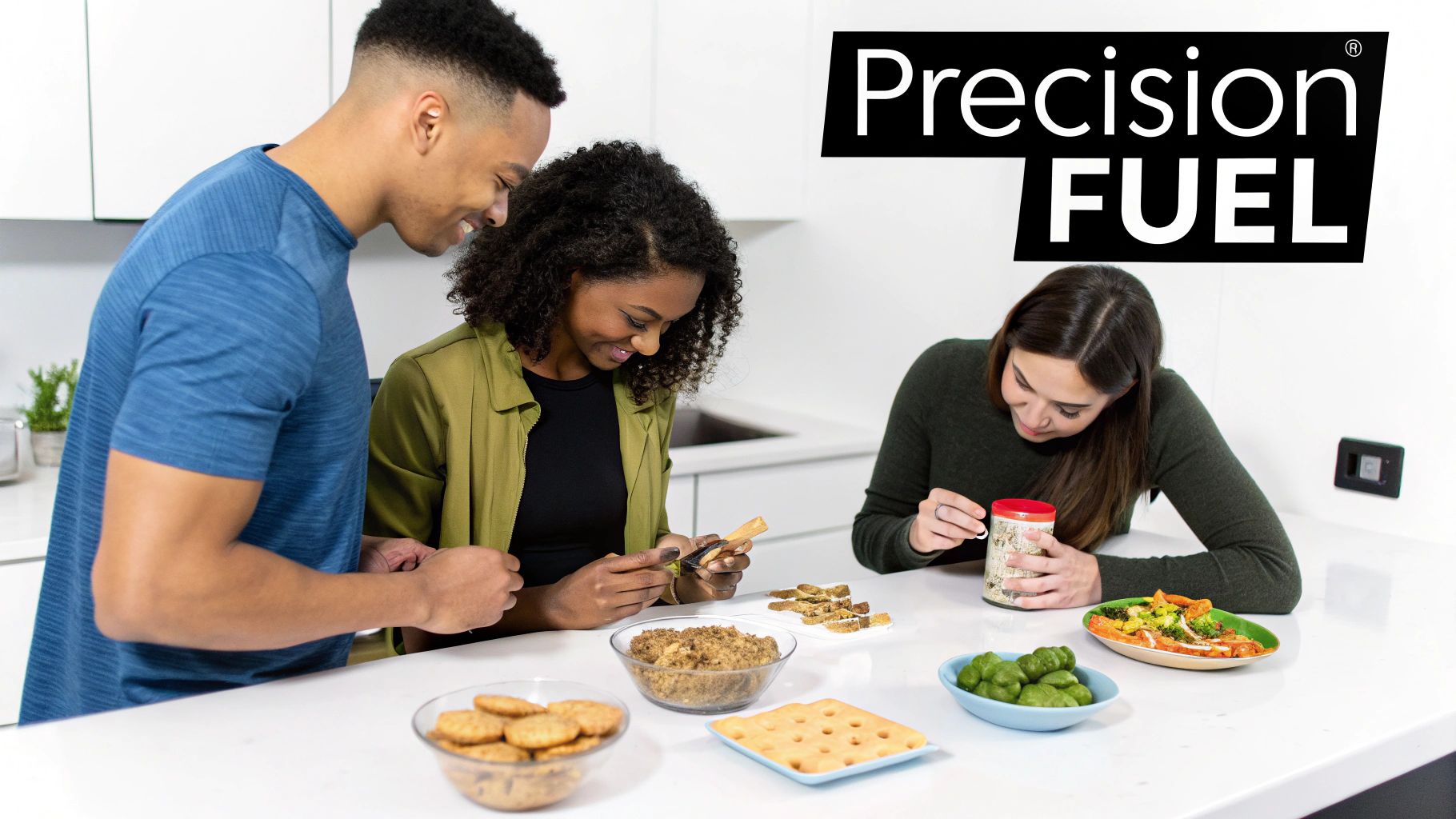 Three smiling people in a bright kitchen preparing various healthy snacks and meals on a white counter.