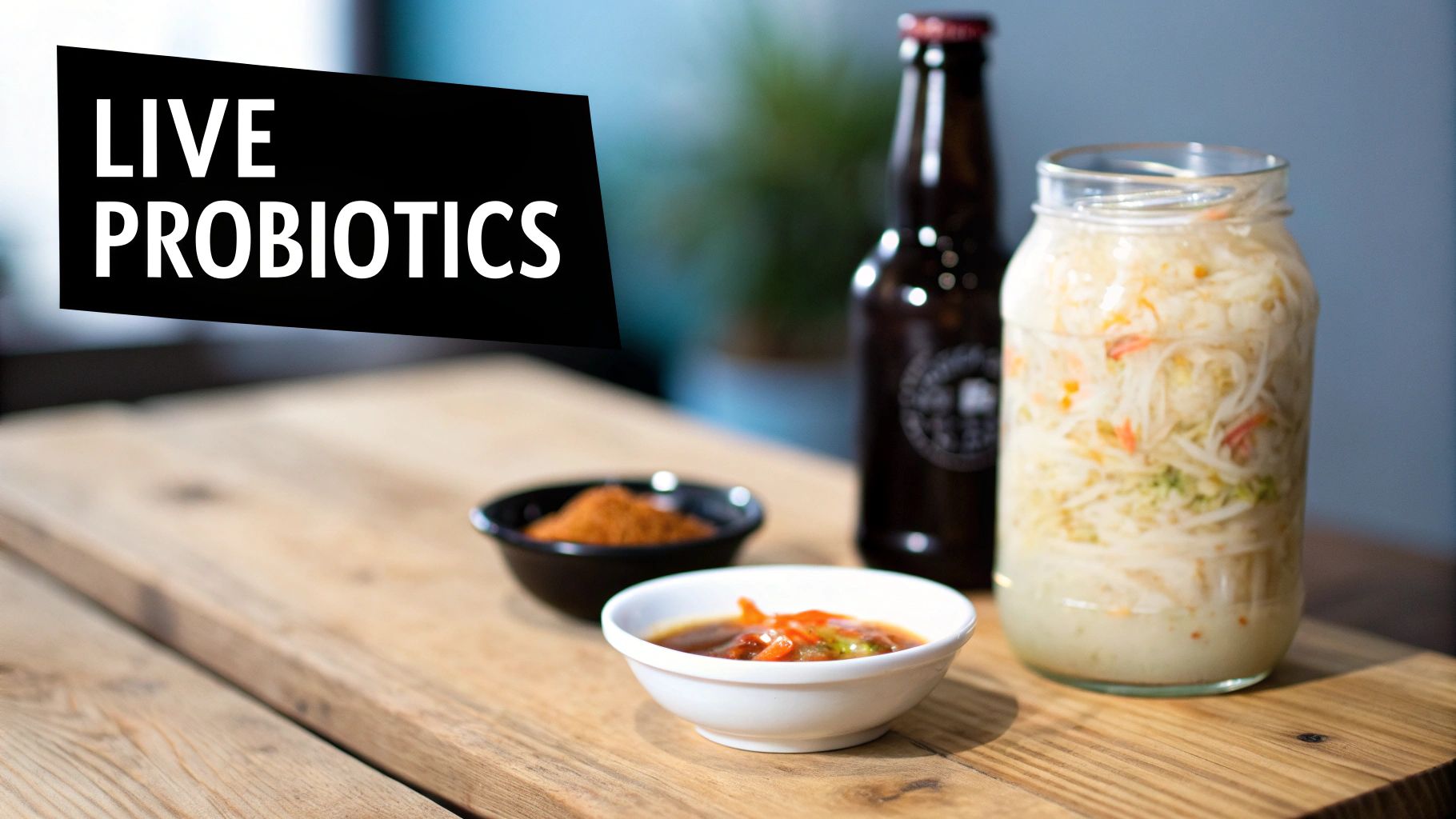 A glass jar of sauerkraut, a drink bottle, and bowls of spices on a wooden table with 'LIVE PROBIOTICS' text.