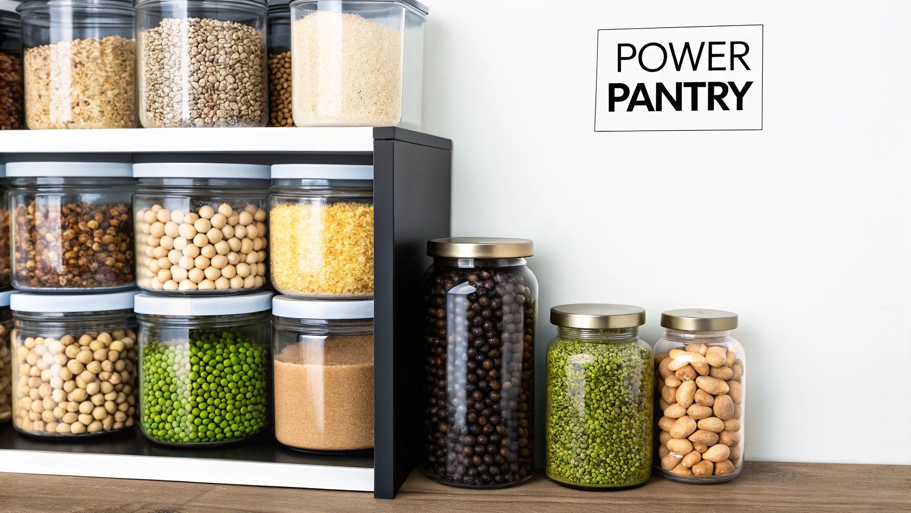 A well-organized pantry featuring clear jars filled with various dried foods like legumes and grains, labeled 'Power Pantry'.