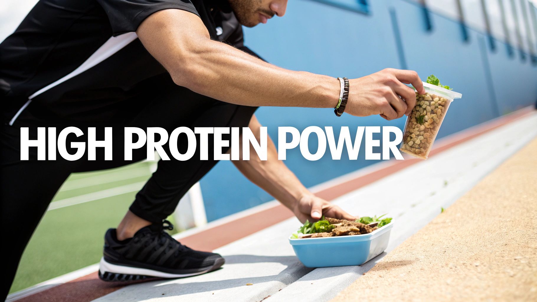 Athlete holding a high protein plant-based snack and meal, emphasizing healthy eating for active lifestyles.