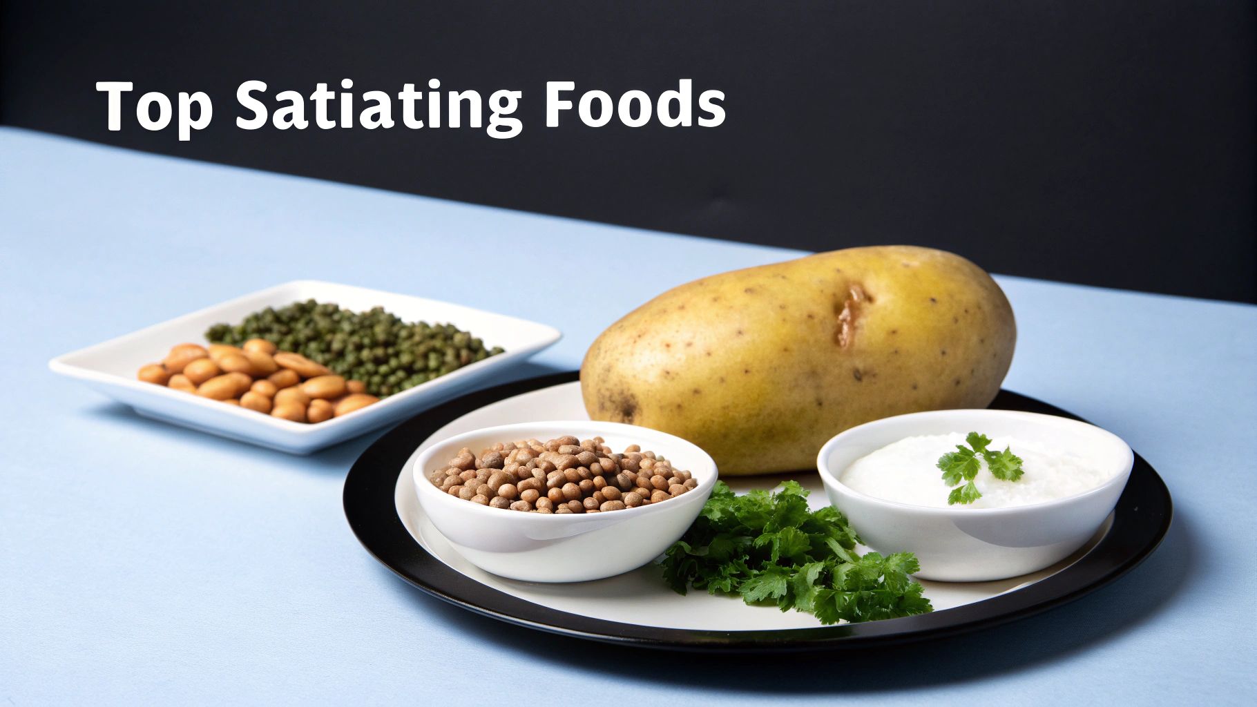 Top satiating foods including potato, lentils, almonds, mung beans, and a white dip with parsley.