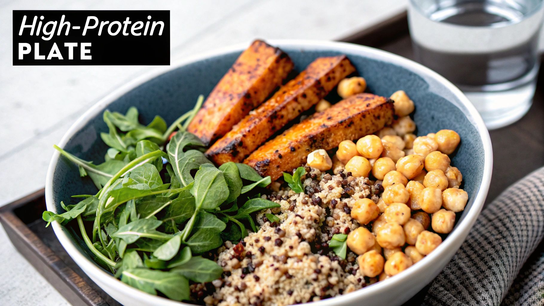 A healthy plant-based protein bowl featuring grilled tofu, chickpeas, quinoa, and fresh greens.
