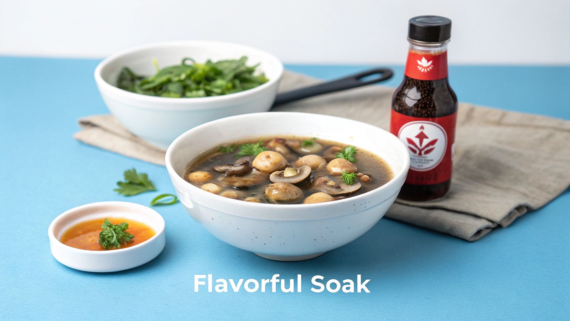 Mushroom soup, a bowl of spinach, a side dipping sauce, and a red label bottle on a blue table.