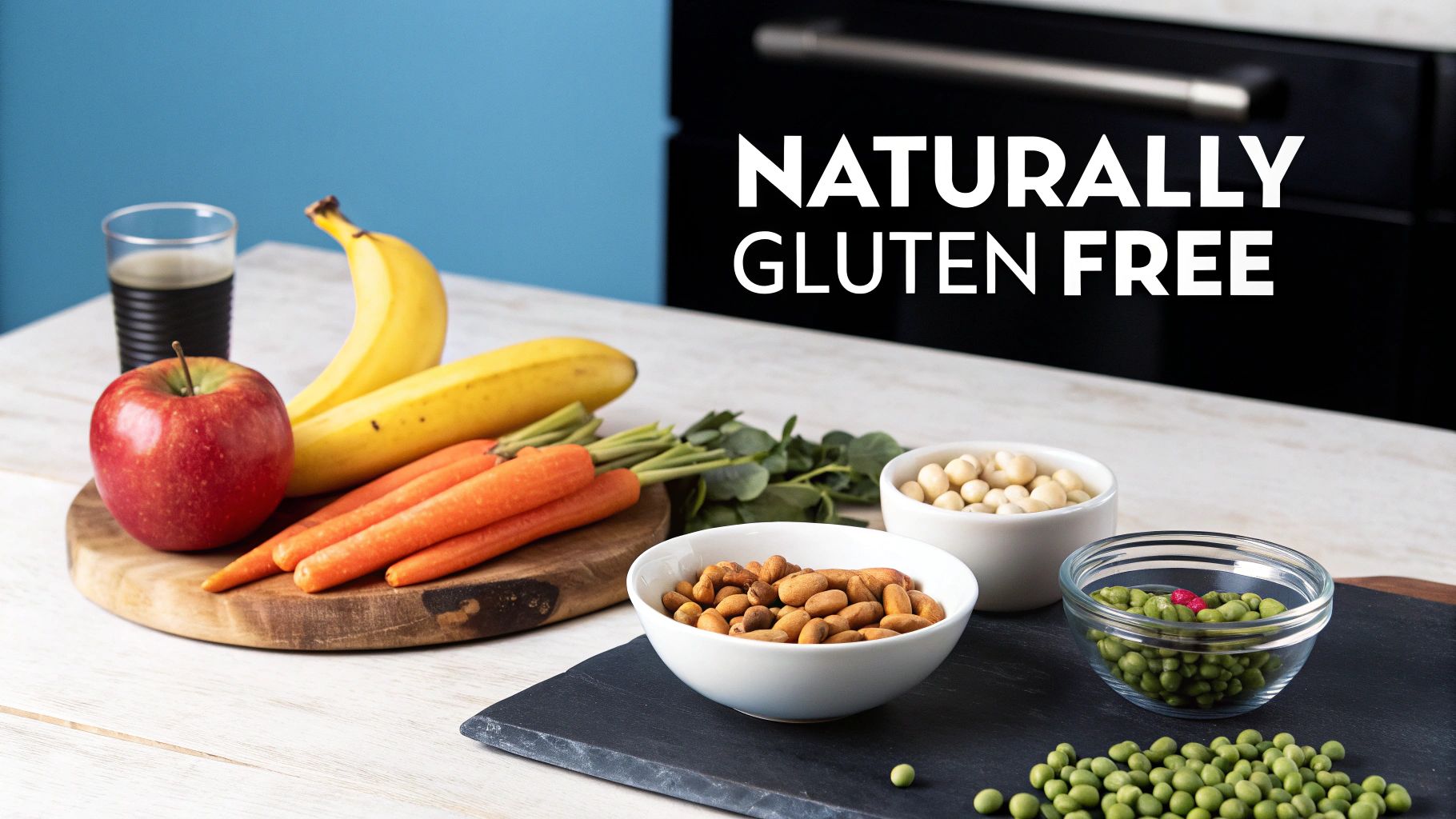A vibrant assortment of naturally gluten-free foods, including fruits, vegetables, and nuts, on a table.