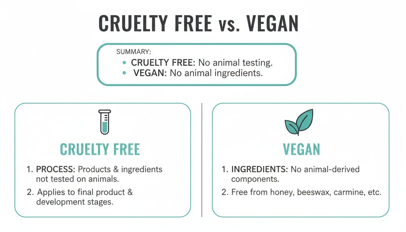 An infographic explaining the differences between cruelty-free products (no animal testing) and vegan products (no animal ingredients).