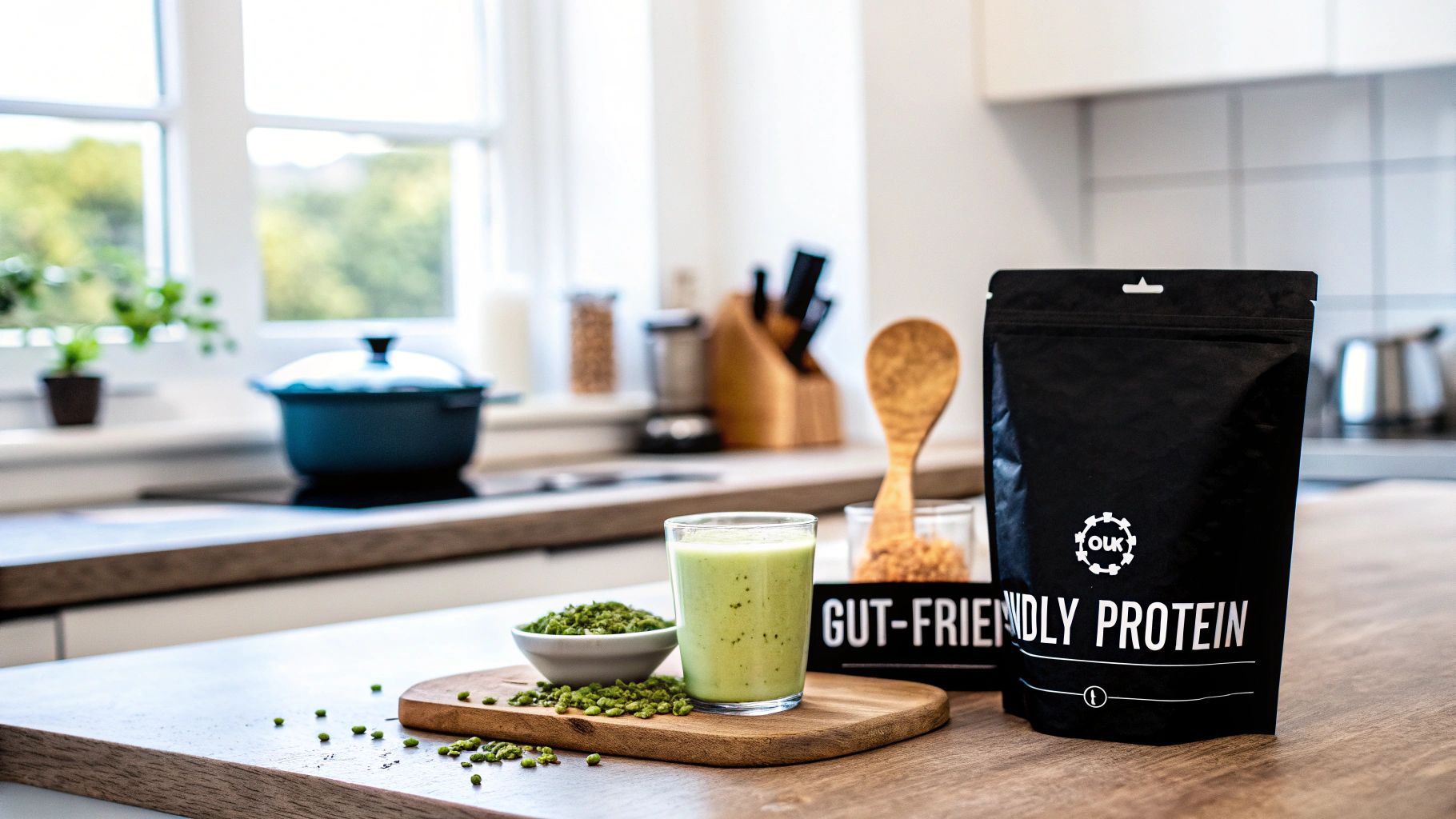 A black pouch of gut-friendly protein powder, a green smoothie, and green pellets on a kitchen counter.