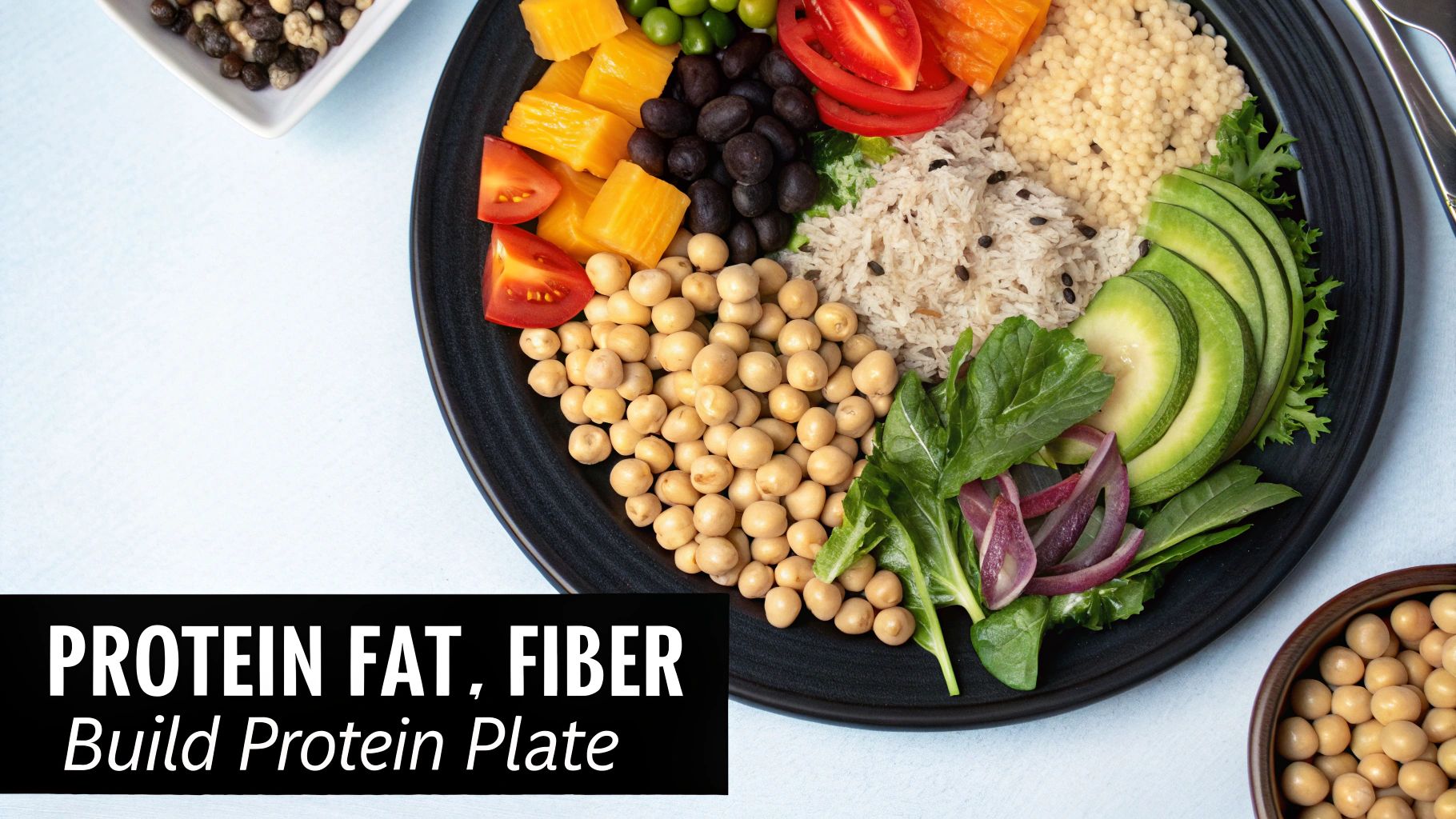 A well-composed plant-based meal in a bowl, featuring tofu, quinoa, and colorful vegetables, showing a balanced and appetizing high-protein dish.