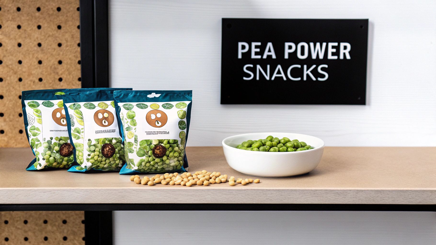 Three bags of pea snacks, a bowl of green peas, and scattered peas on a shelf with a 'PEA POWER SNACKS' sign.