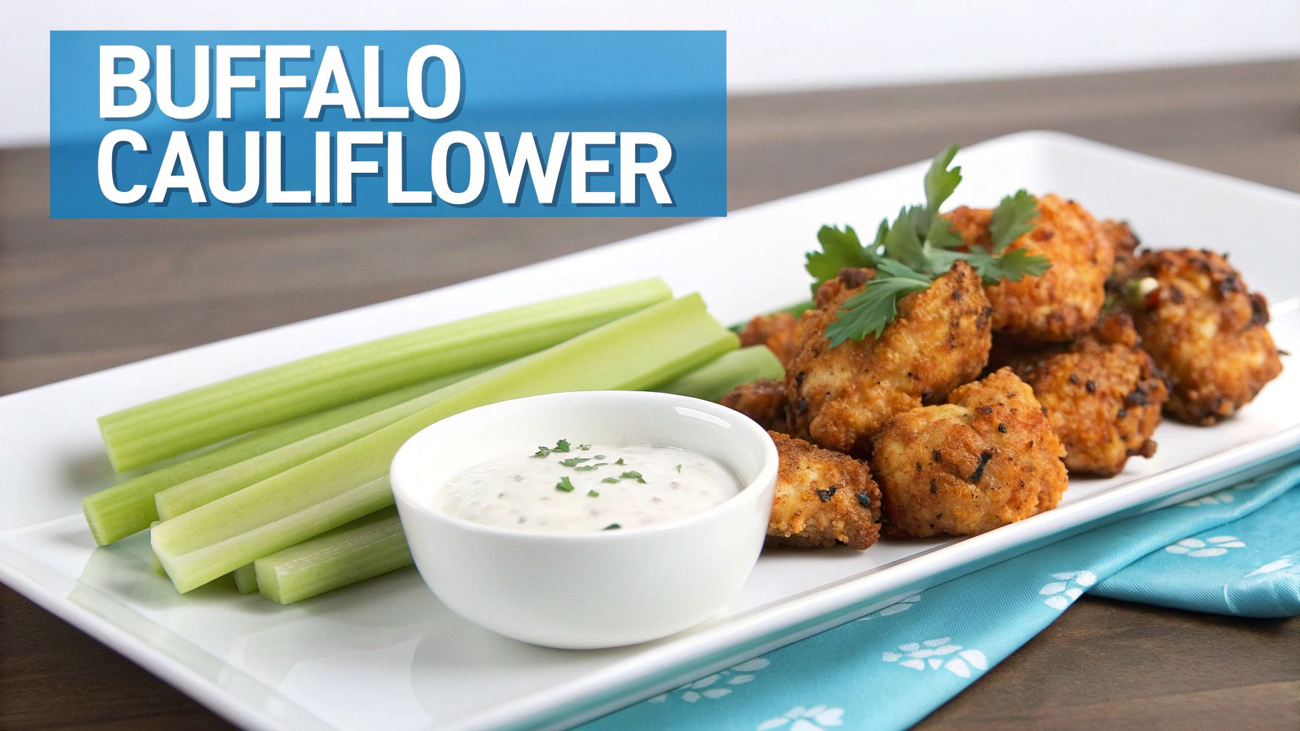 A plate of crispy buffalo cauliflower bites with celery sticks and a bowl of creamy dip on a wooden table.