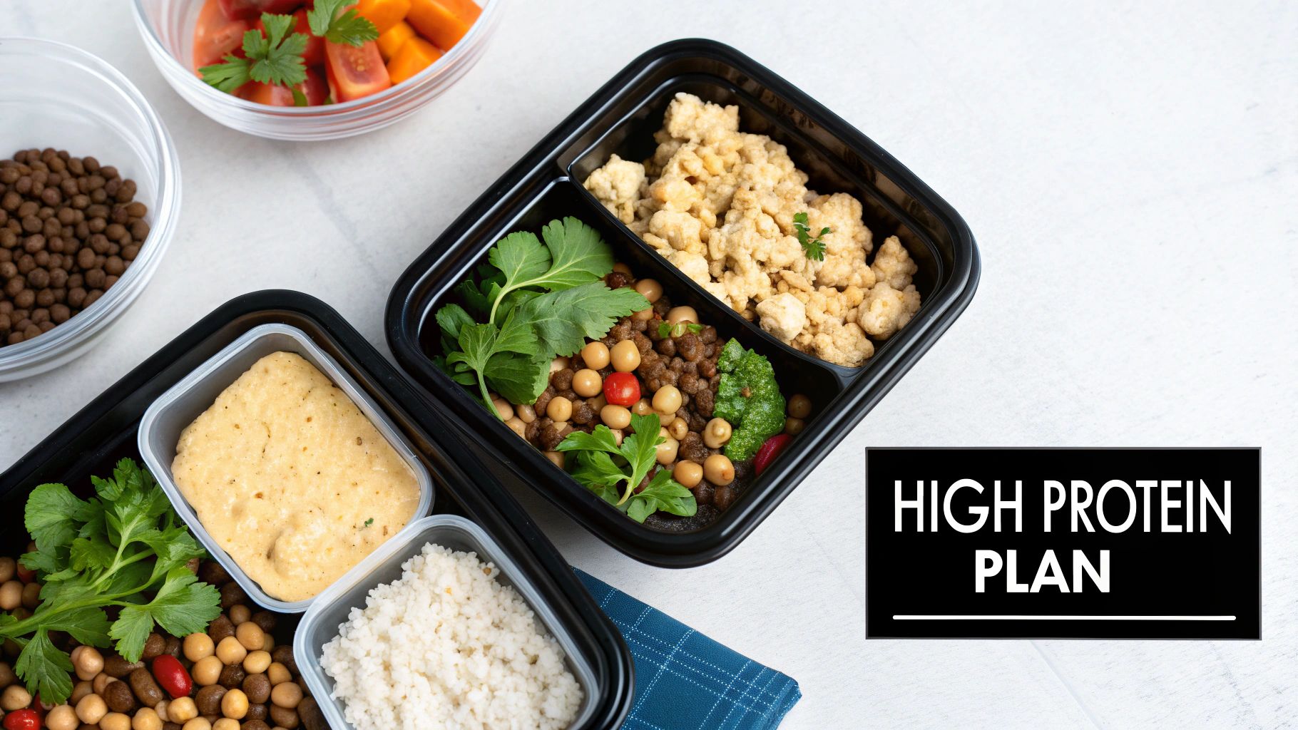 Two high-protein vegan meal prep containers with chickpeas, tofu scramble, rice, and fresh vegetables.