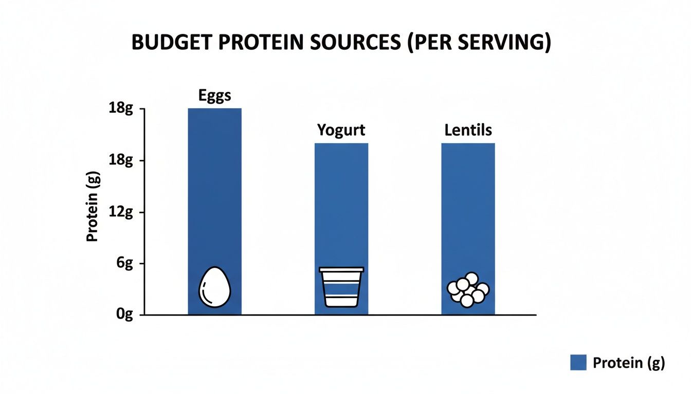 Bar chart comparing protein content per serving for budget sources: Eggs, Yogurt, and Lentils, each providing approximately 18g.
