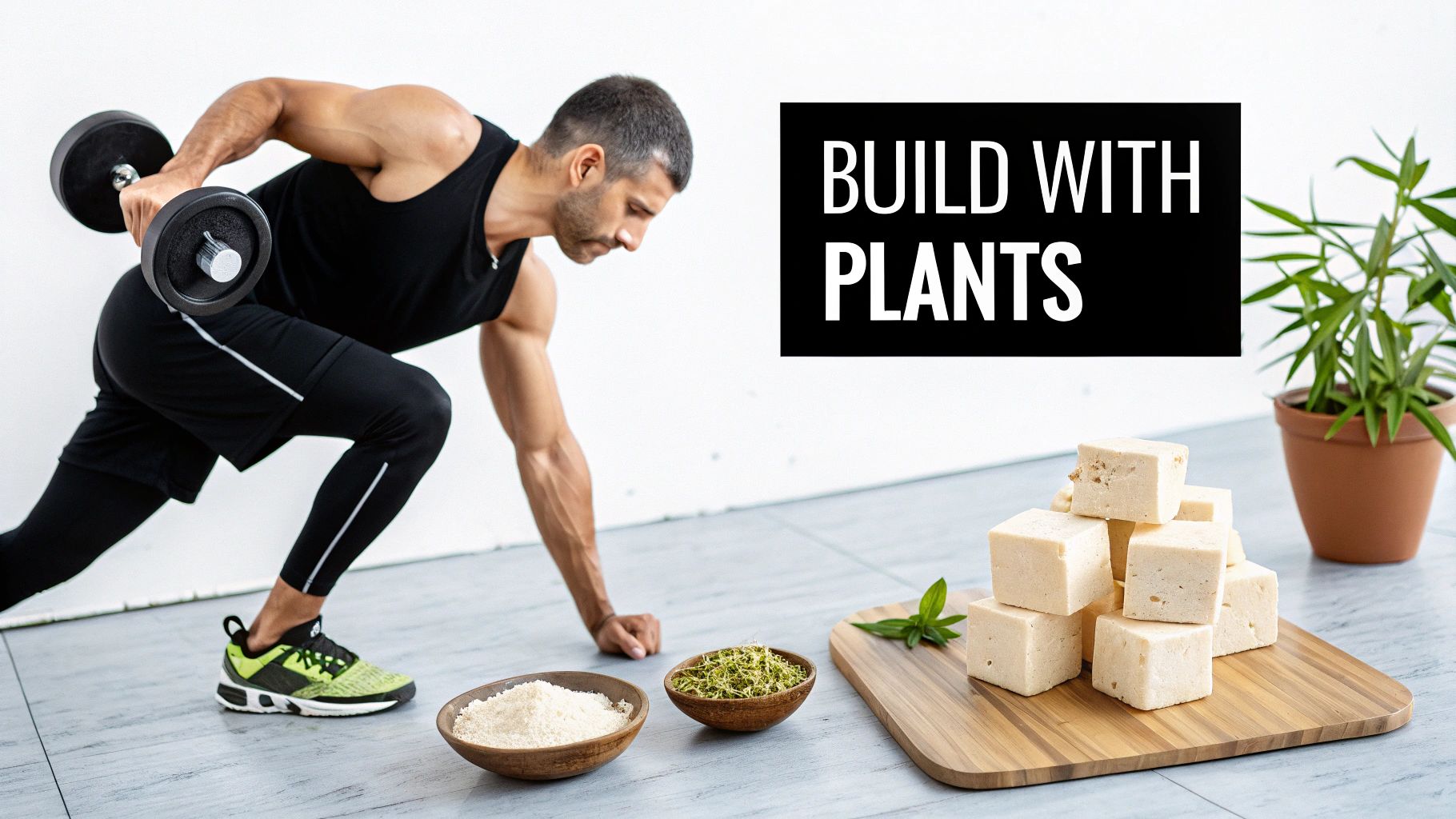 A man trains with a dumbbell next to plant-based proteins like tofu, sprouts, and powder.