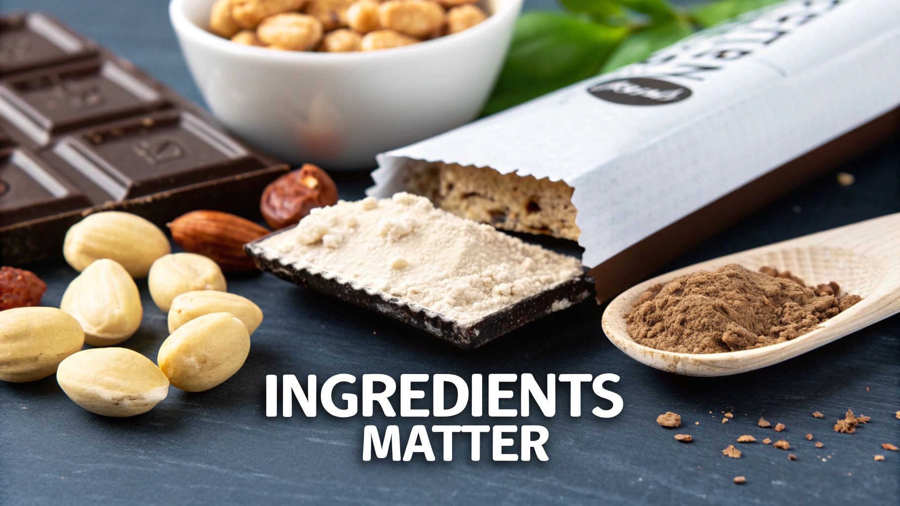 Close-up of protein bar ingredients including chocolate, different nuts, and powders, emphasizing 'Ingredients Matter'.