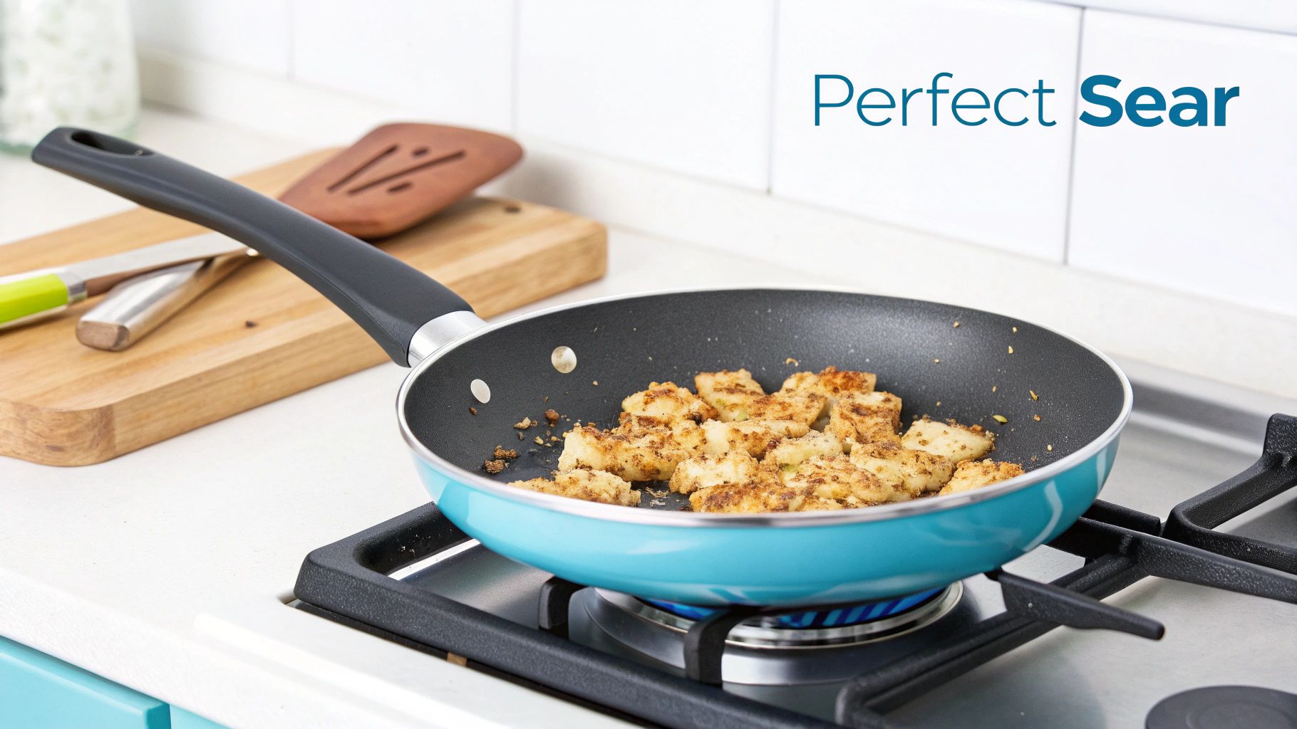 A skillet filled with browning textured vegetable protein crumbles.