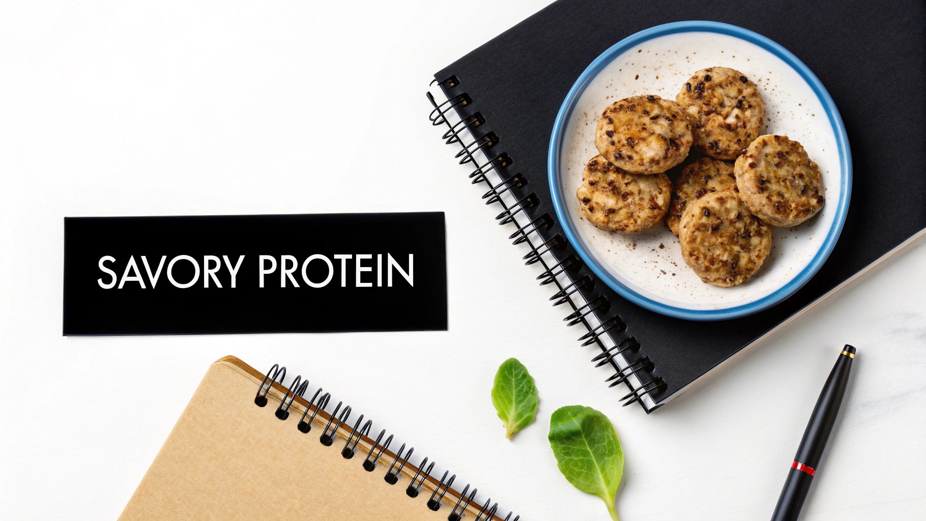 Overhead view of savory protein bites on a plate, alongside notebooks and a pen, on a white background.