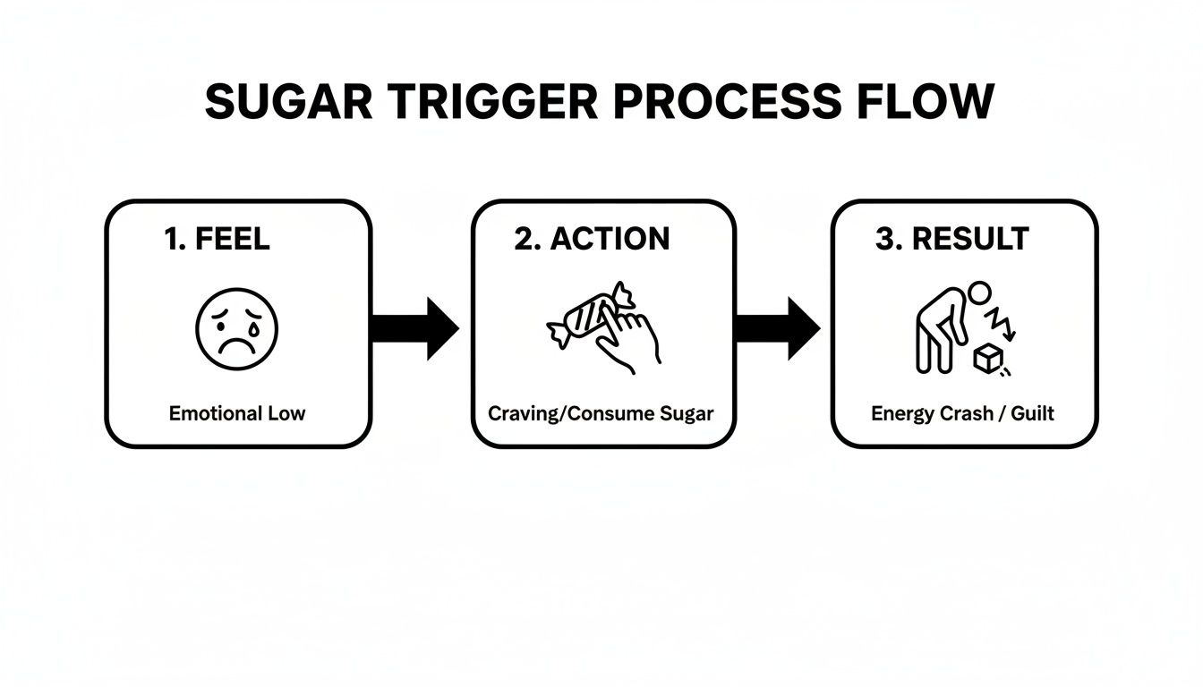 Flowchart detailing the sugar trigger process: emotional low, craving and consuming sugar, leading to energy crash and guilt.
