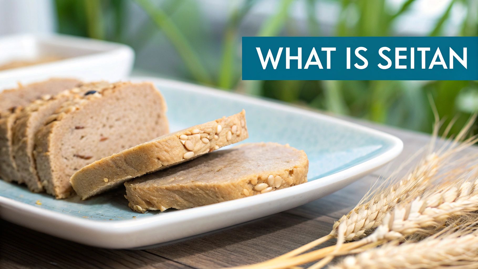 Slices of seitan on a blue plate with wheat stalks, illustrating the plant-based protein 'What is Seitan'.