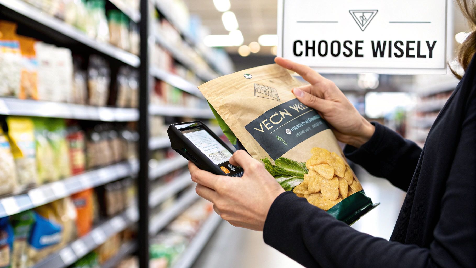 Person in a grocery store scanning a bag of vegan protein chips with a handheld device.