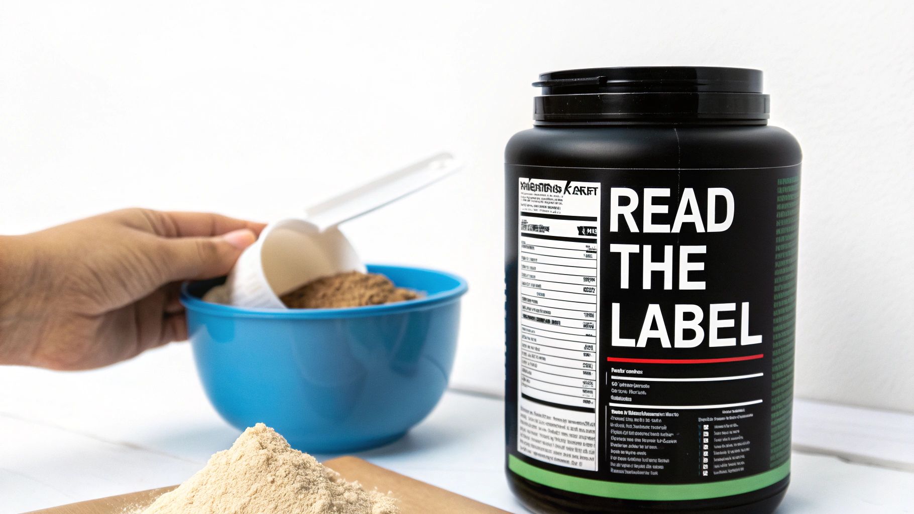 A hand scoops protein powder from a blue bowl, next to a black container with "READ THE LABEL" and nutrition facts.