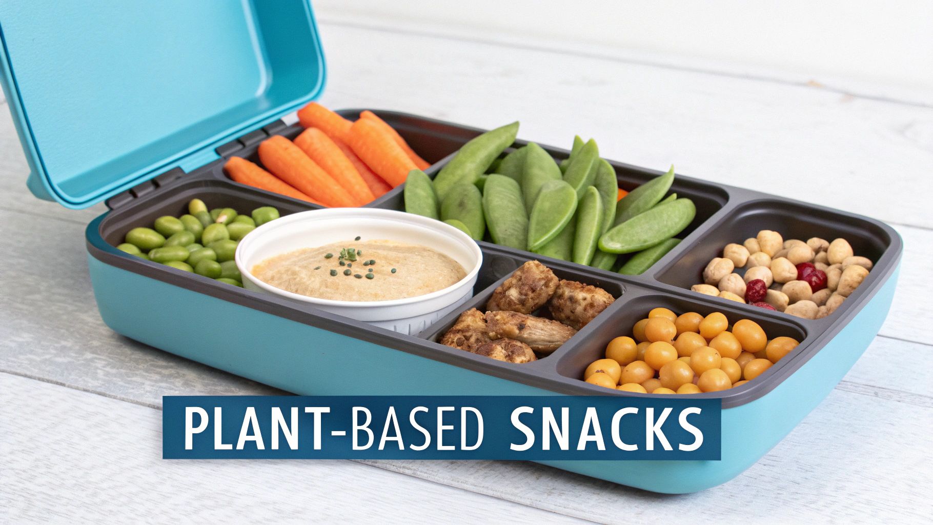 Compartmentalized lunch box with plant-based snacks including carrots, edamame, chickpeas, snap peas, and hummus