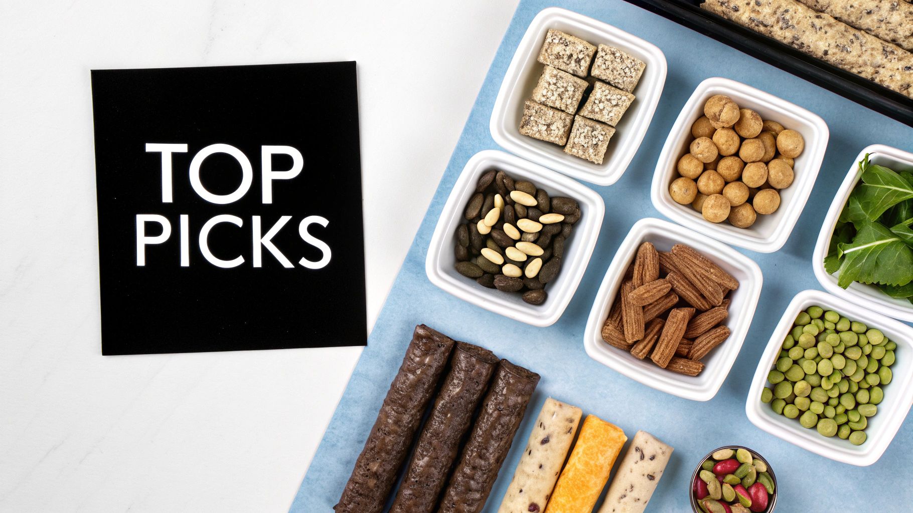 A variety of packaged gluten-free high-protein snacks like bars, jerky, and nut mixes arranged on a surface.