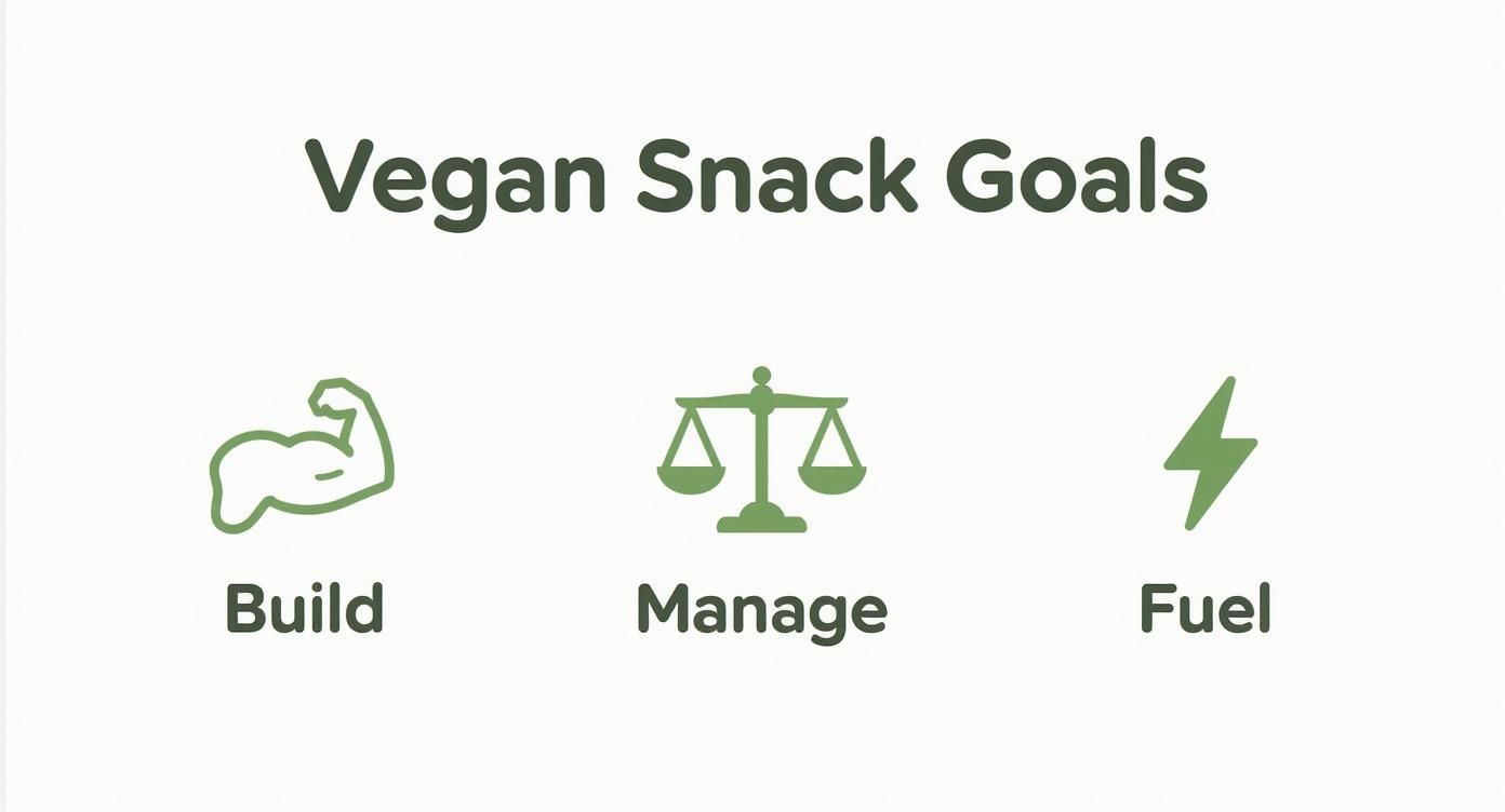 Vegan snack goals infographic showing three pillars: build muscle, manage weight, and fuel energy with icons