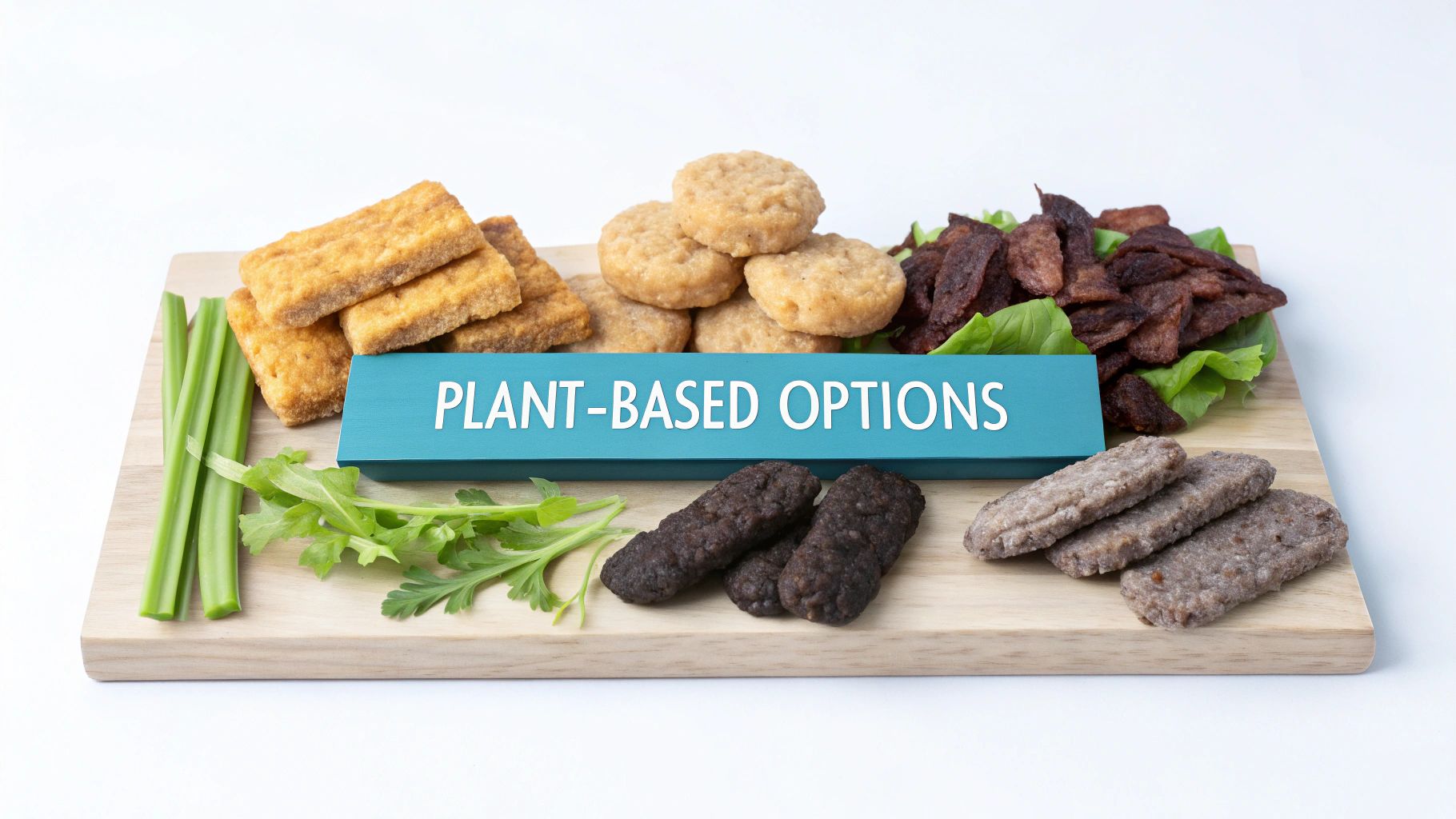 A wooden board showcasing various plant-based meat substitutes, including nuggets, fillets, and sausages, with a 'Plant-Based Options' sign.