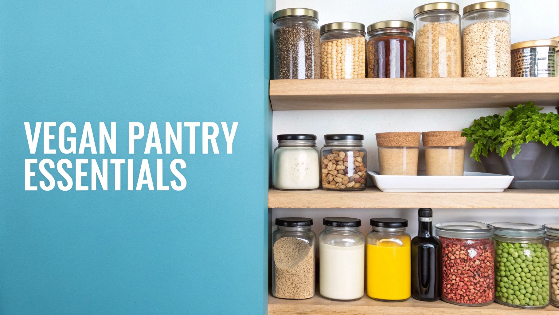 An organized pantry featuring shelves filled with jars of various vegan food essentials like grains, nuts, and liquids.