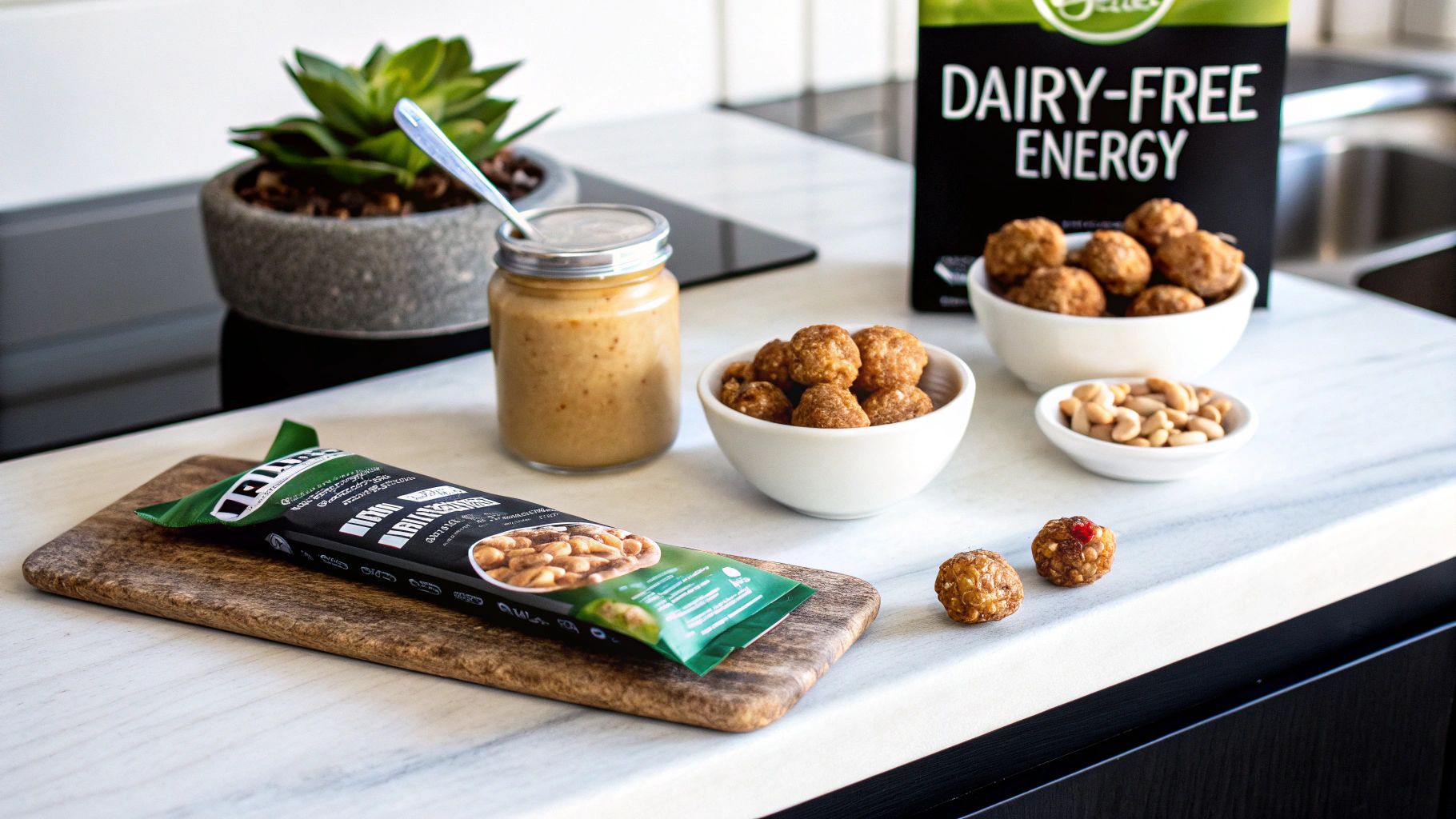 A collection of dairy-free energy snacks, including protein balls, a bar, and peanut butter, on a kitchen counter.