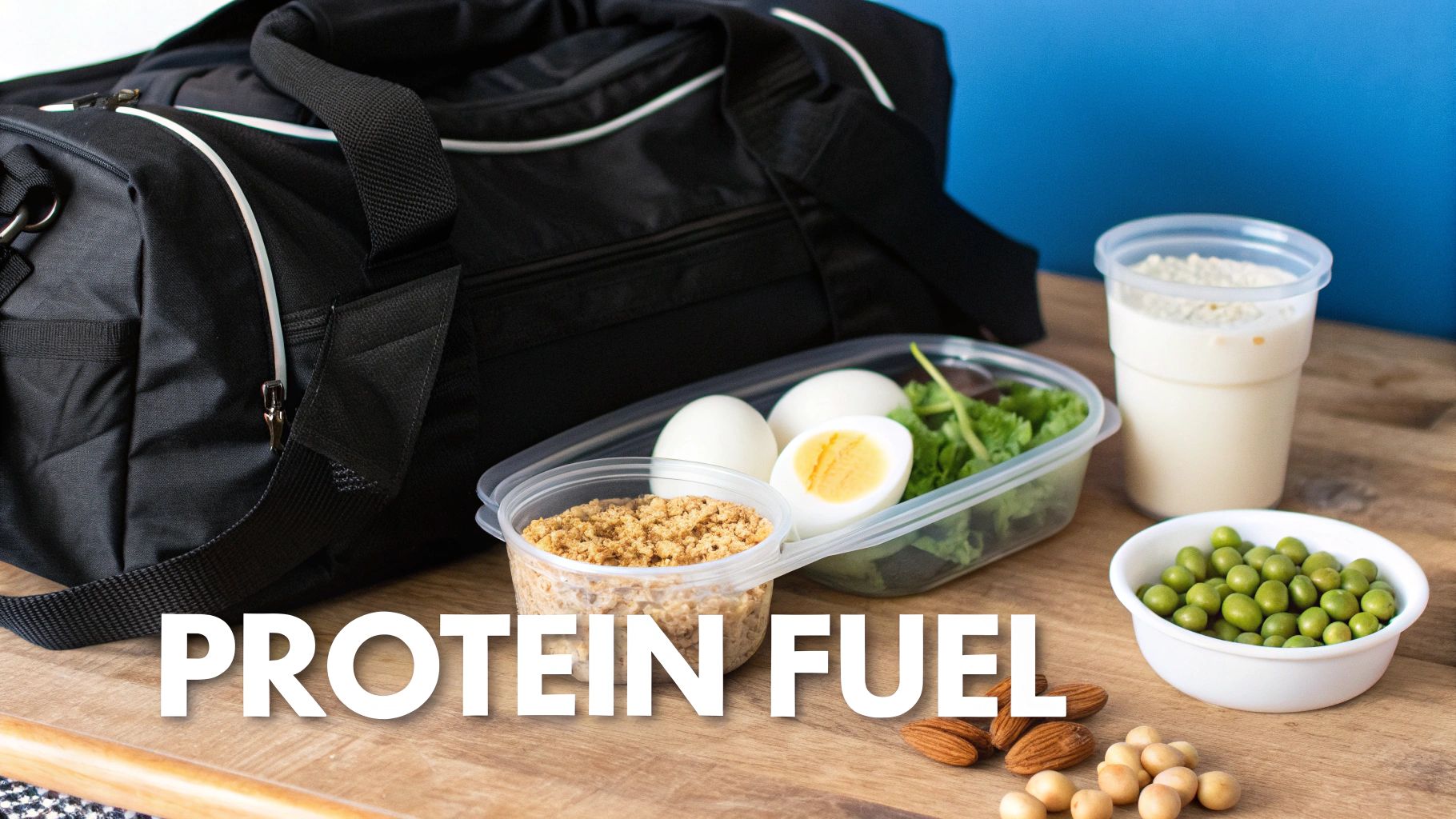 Healthy protein snacks and meals next to a gym bag, including eggs, nuts, and a shake.
