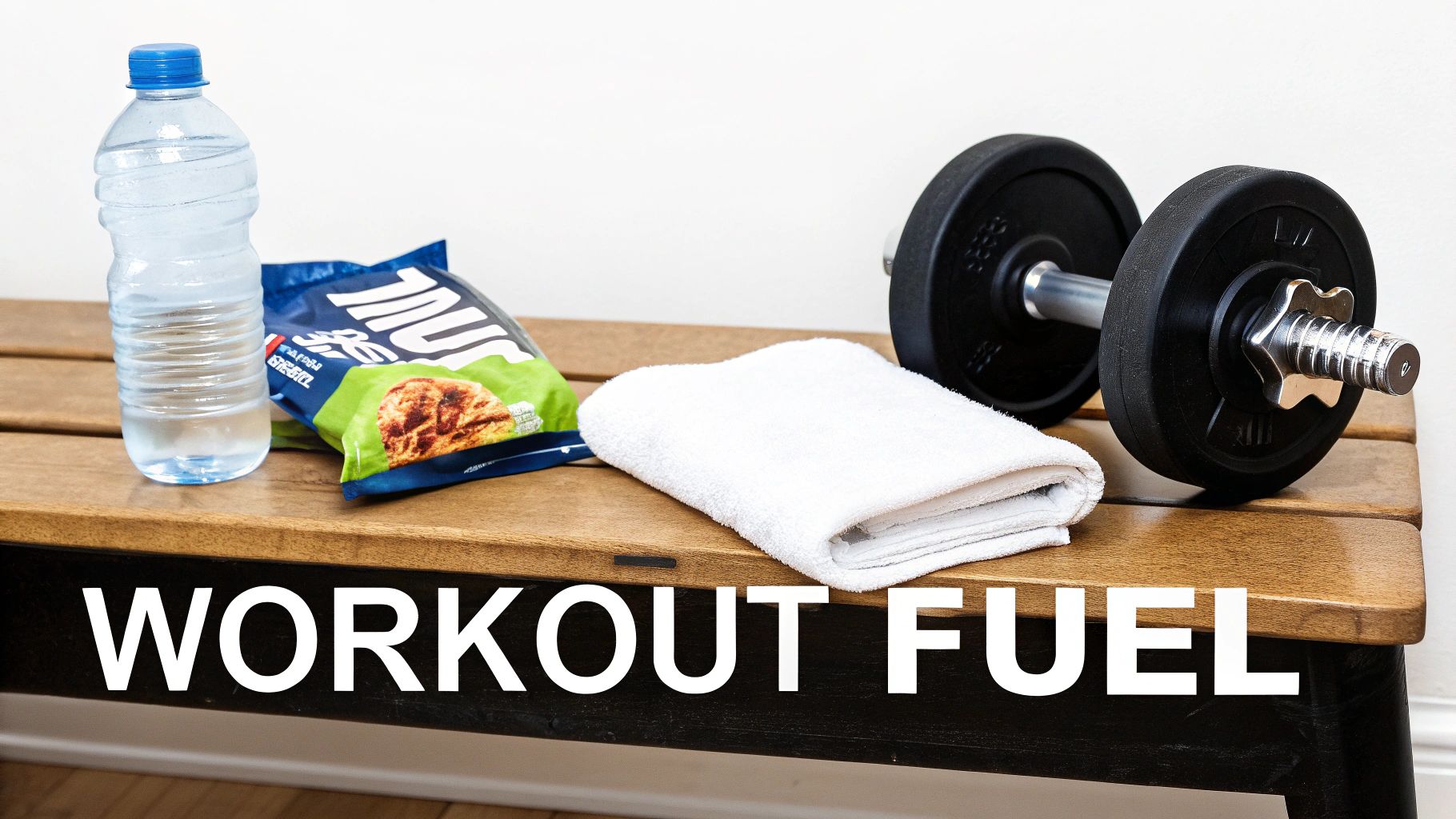 Workout essentials on a wooden bench: water bottle, snack bag, towel, and dumbbell with 'WORKOUT FUEL' text.