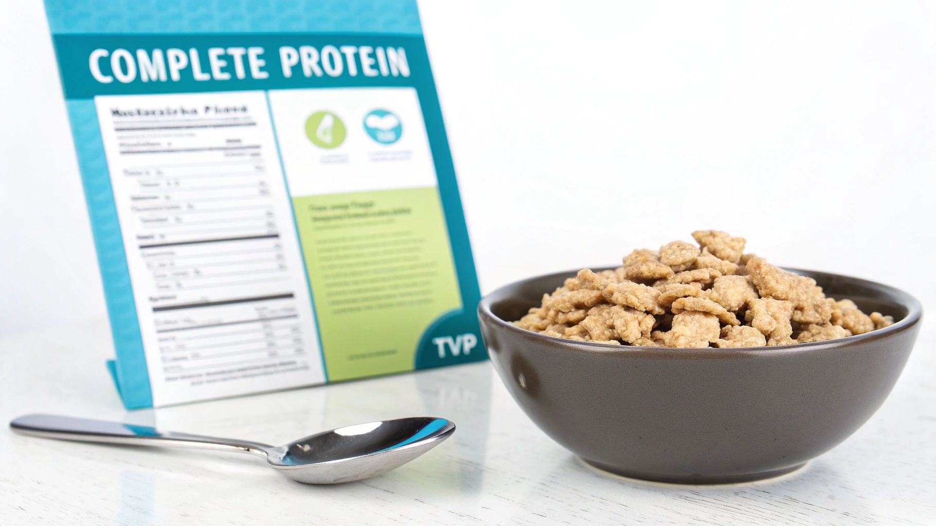 A bowl of dry TVP crumbles next to a wooden spoon, showcasing its texture.