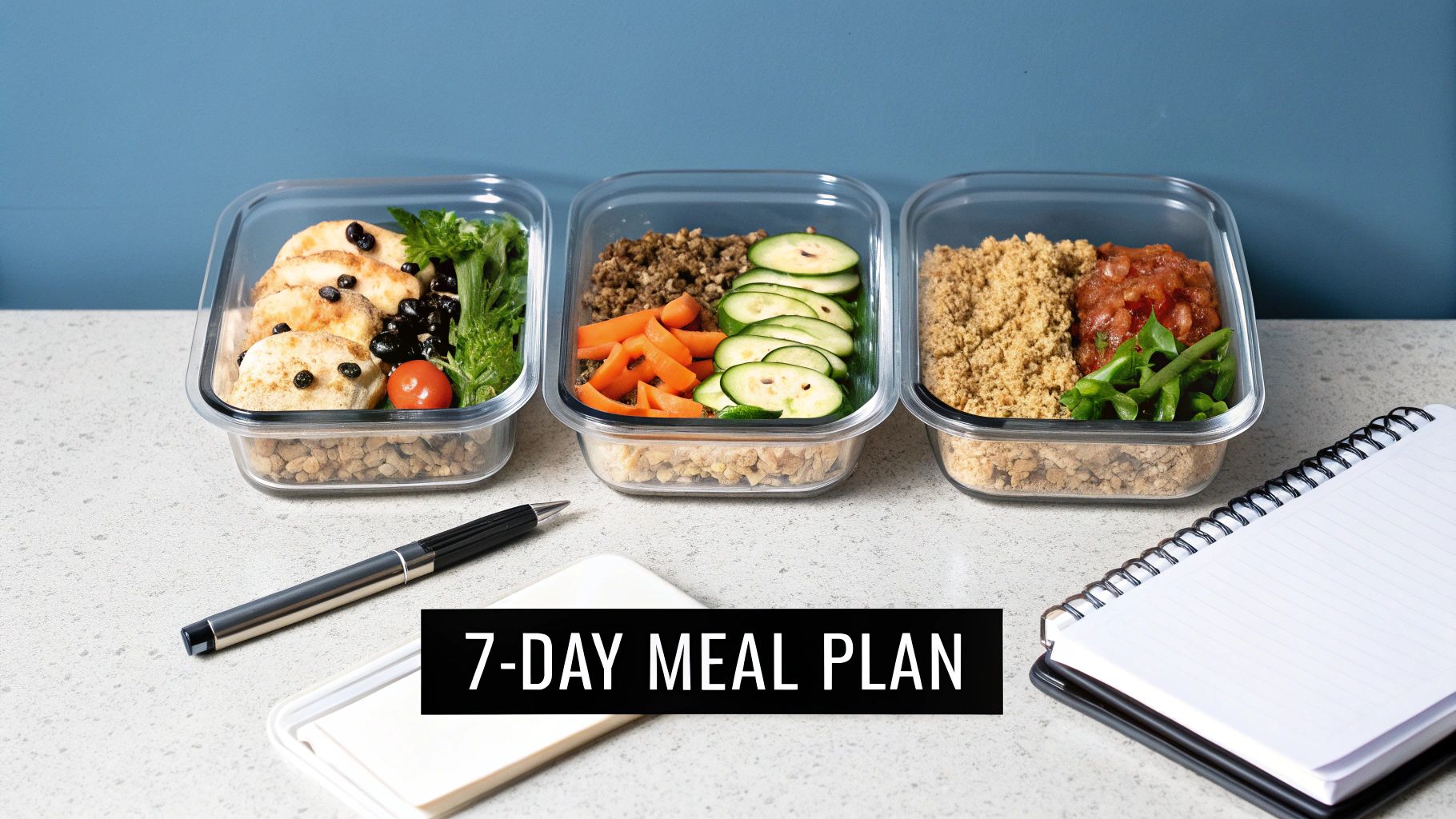 Three glass meal prep containers filled with healthy and colorful food for a 7-day meal plan.
