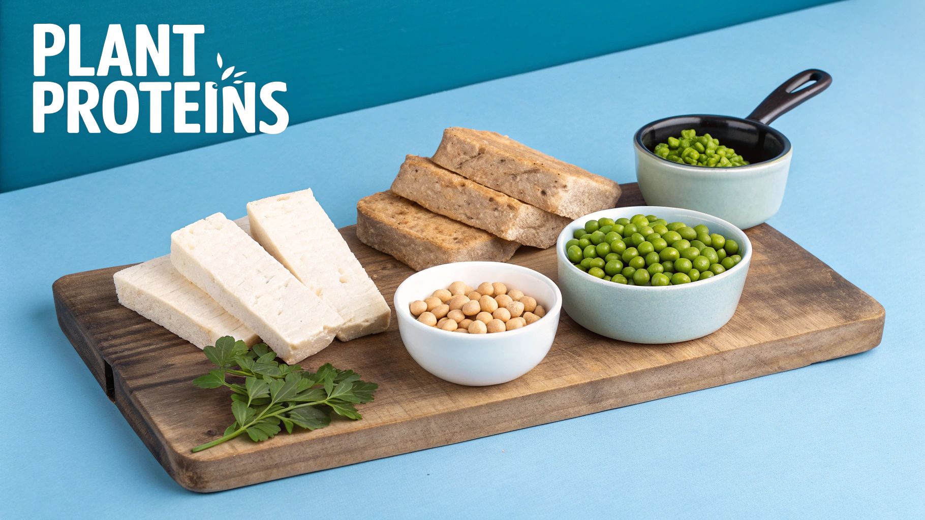 Assortment of plant proteins including tofu, tempeh, soybeans, and green peas on a cutting board.