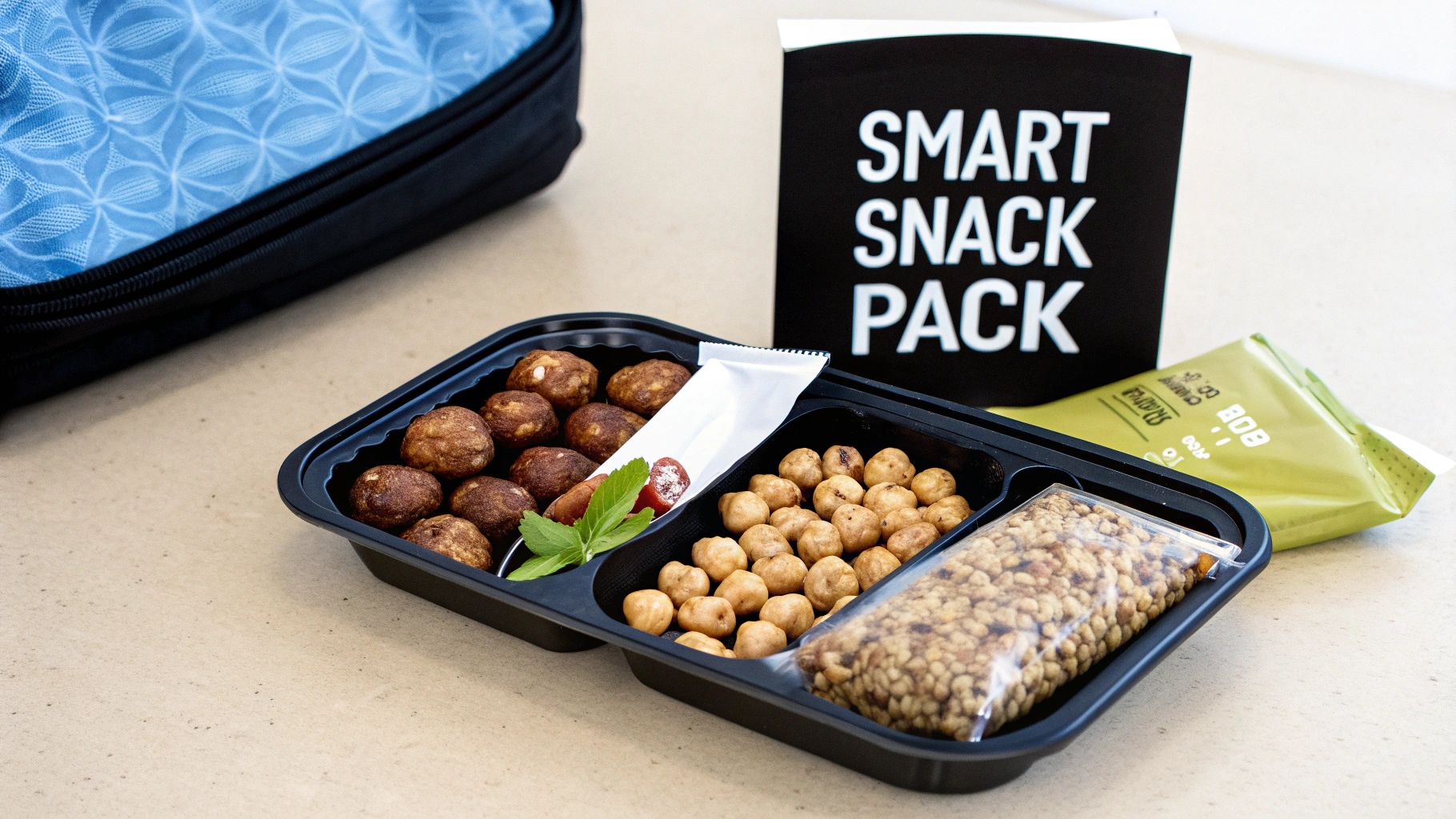 A smart snack pack with energy bites, chickpeas, a granola bar, and a mint leaf.