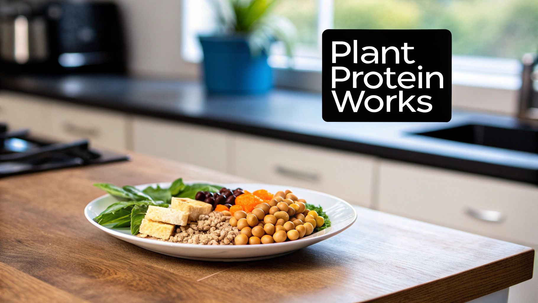 A colorful bowl filled with various plant-based protein sources like chickpeas, quinoa, and vegetables, illustrating a healthy plant-based meal.