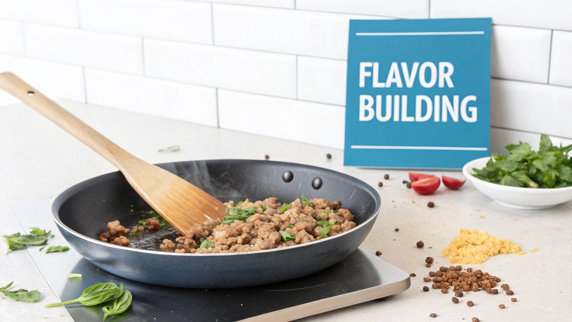 A skillet filled with freshly cooked vegetarian meat crumbles, ready to be added to a recipe.