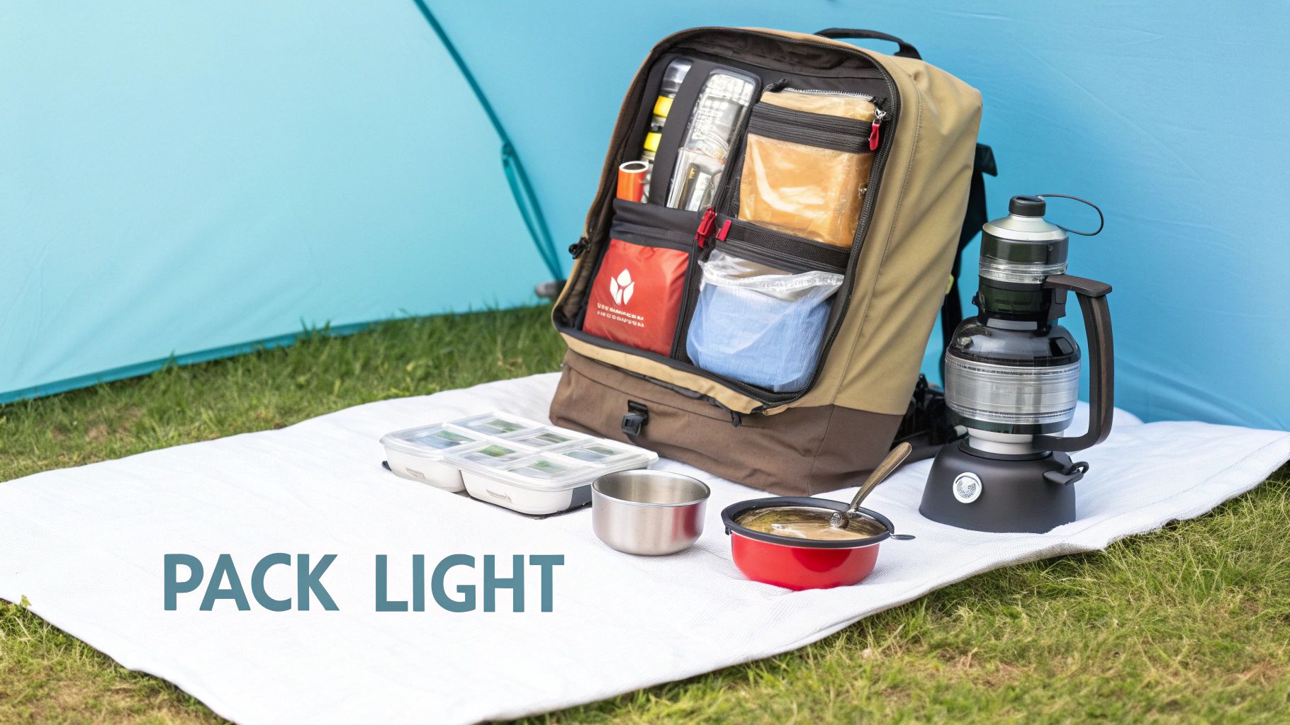 A backpacker's gear neatly organized on the ground, showing repacked food in clear bags.
