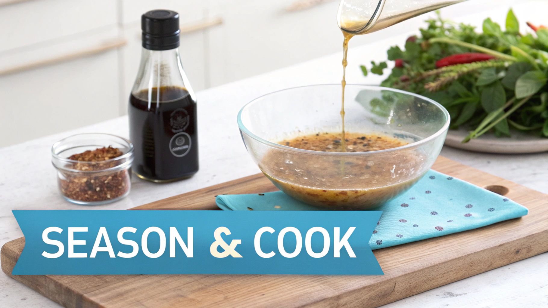 Ingredients for seasoning and cooking, including a sauce being poured, spices, a dark sauce bottle, and fresh herbs.