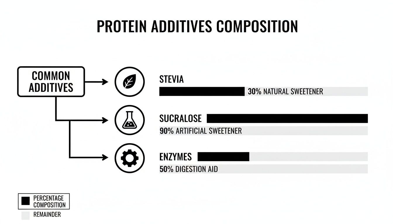 Diagram illustrating protein powder additives composition: Stevia, Sucralose, and Enzymes with their percentages.