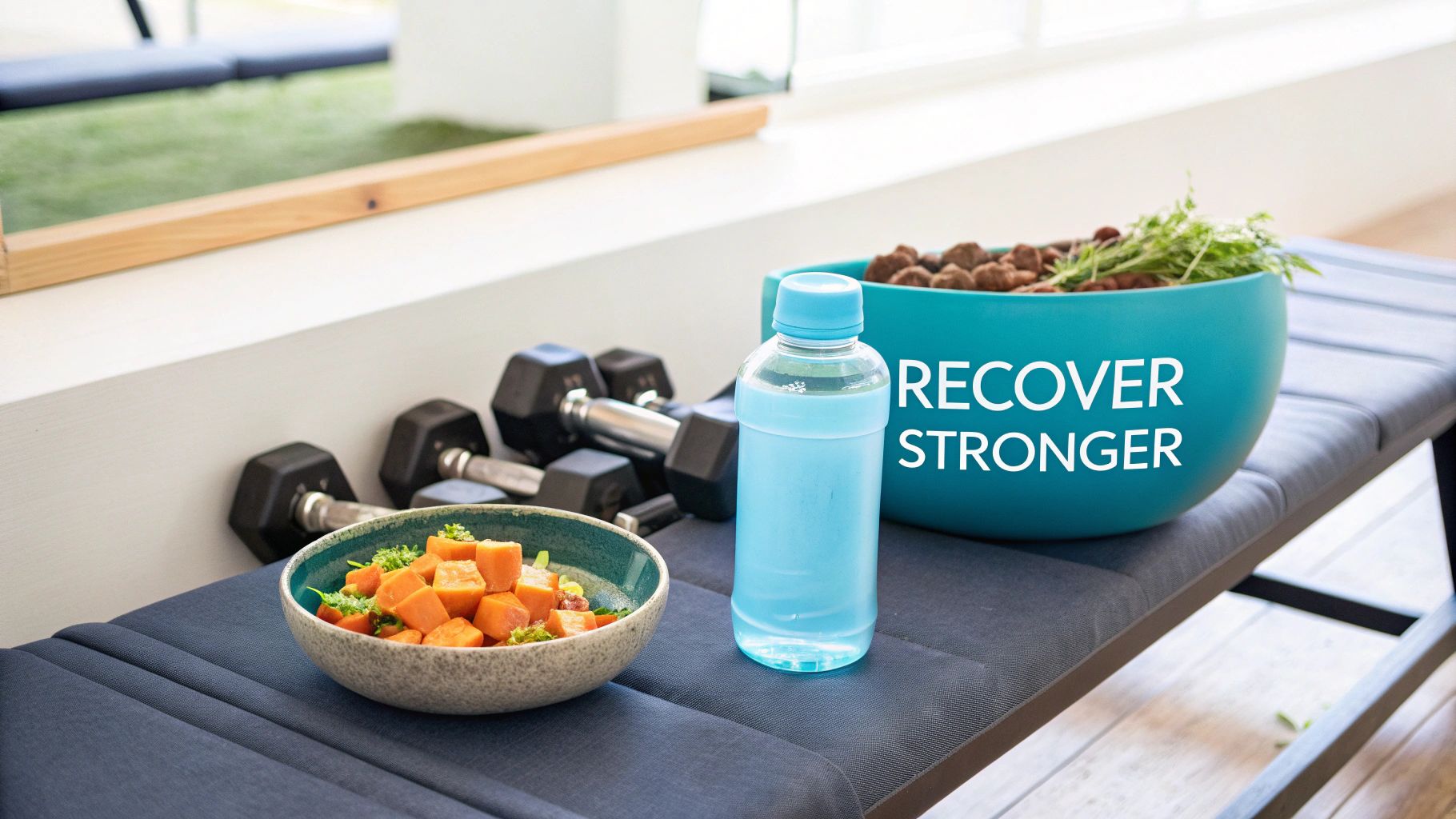 A fitness bench with healthy food, water, and dumbbells, promoting 'RECOVER STRONGER' post-workout.