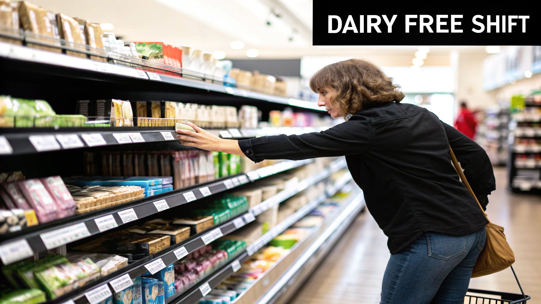 A woman reaches for a product on a shelf in a grocery store's dairy-free section.