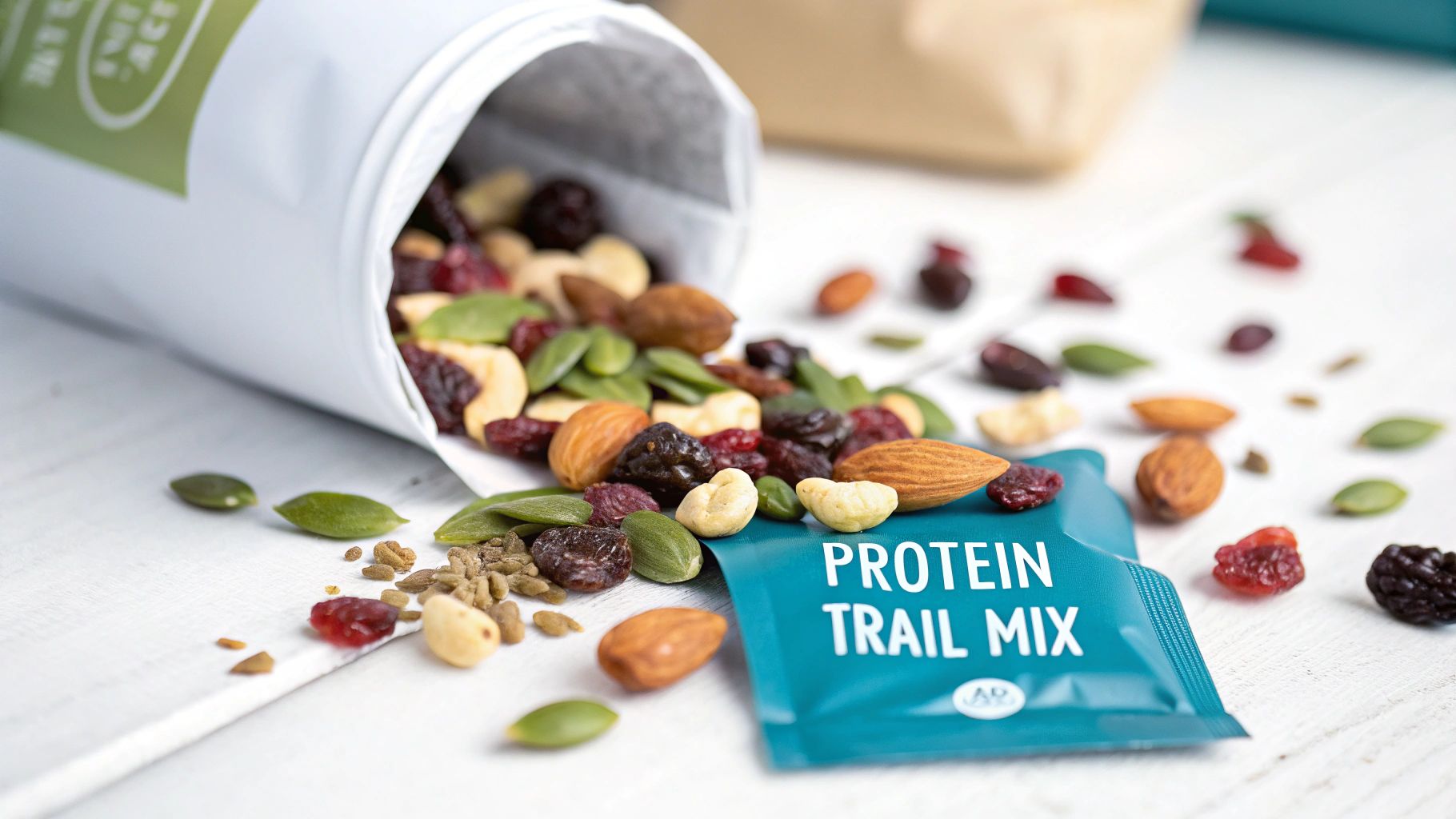 A white bag spills protein trail mix, containing nuts, seeds, and dried fruits, onto a white surface next to a small teal packet.
