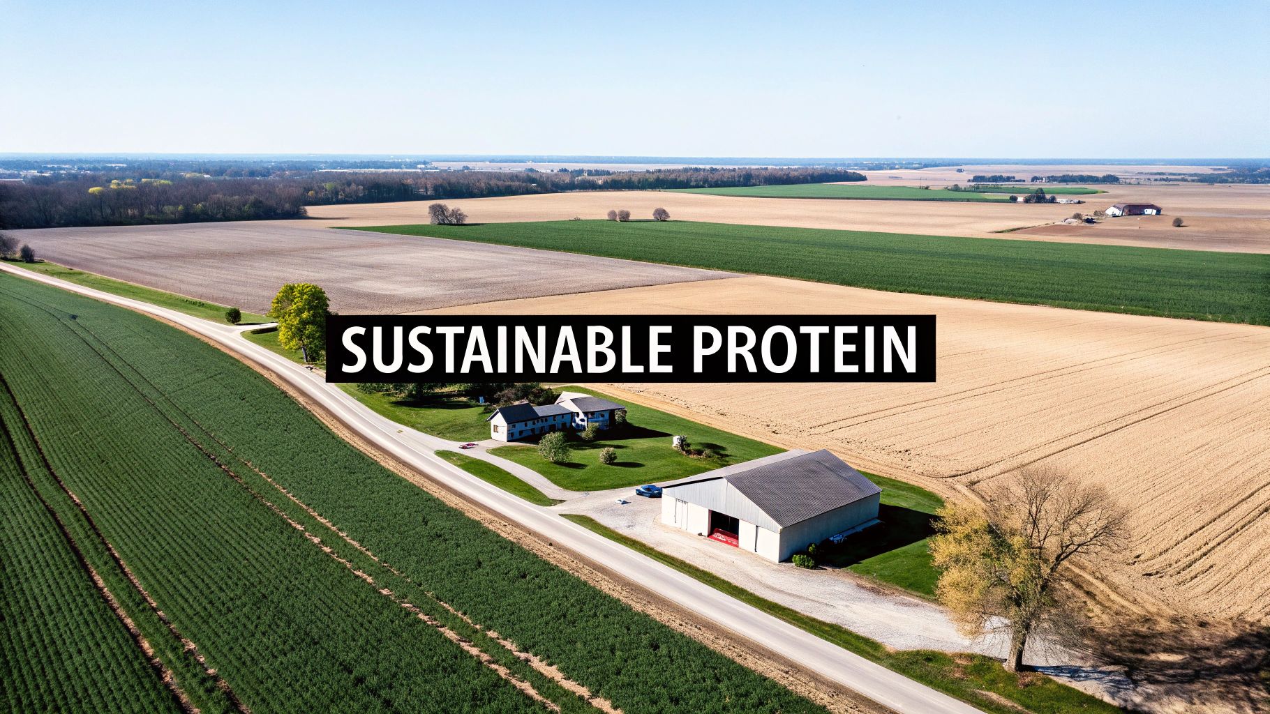 An image showing a split view of a green, lush farm versus a more industrial agricultural setting