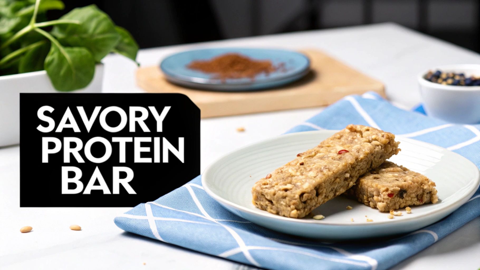 Two savory protein bars on a white plate with a blue napkin, featuring a 'Savory Protein Bar' sign.