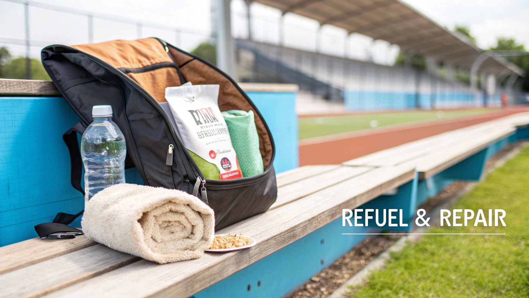 An open backpack with post-workout essentials like water, supplements, and towels on a stadium bench.