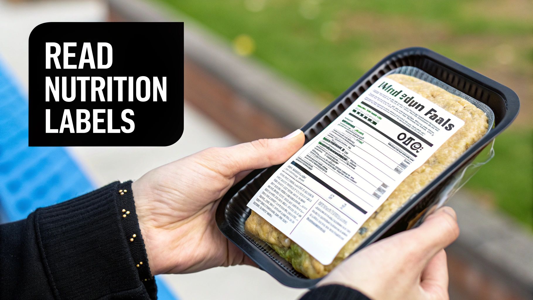 A person holds a food package, emphasizing the importance of reading nutrition labels for healthy eating.