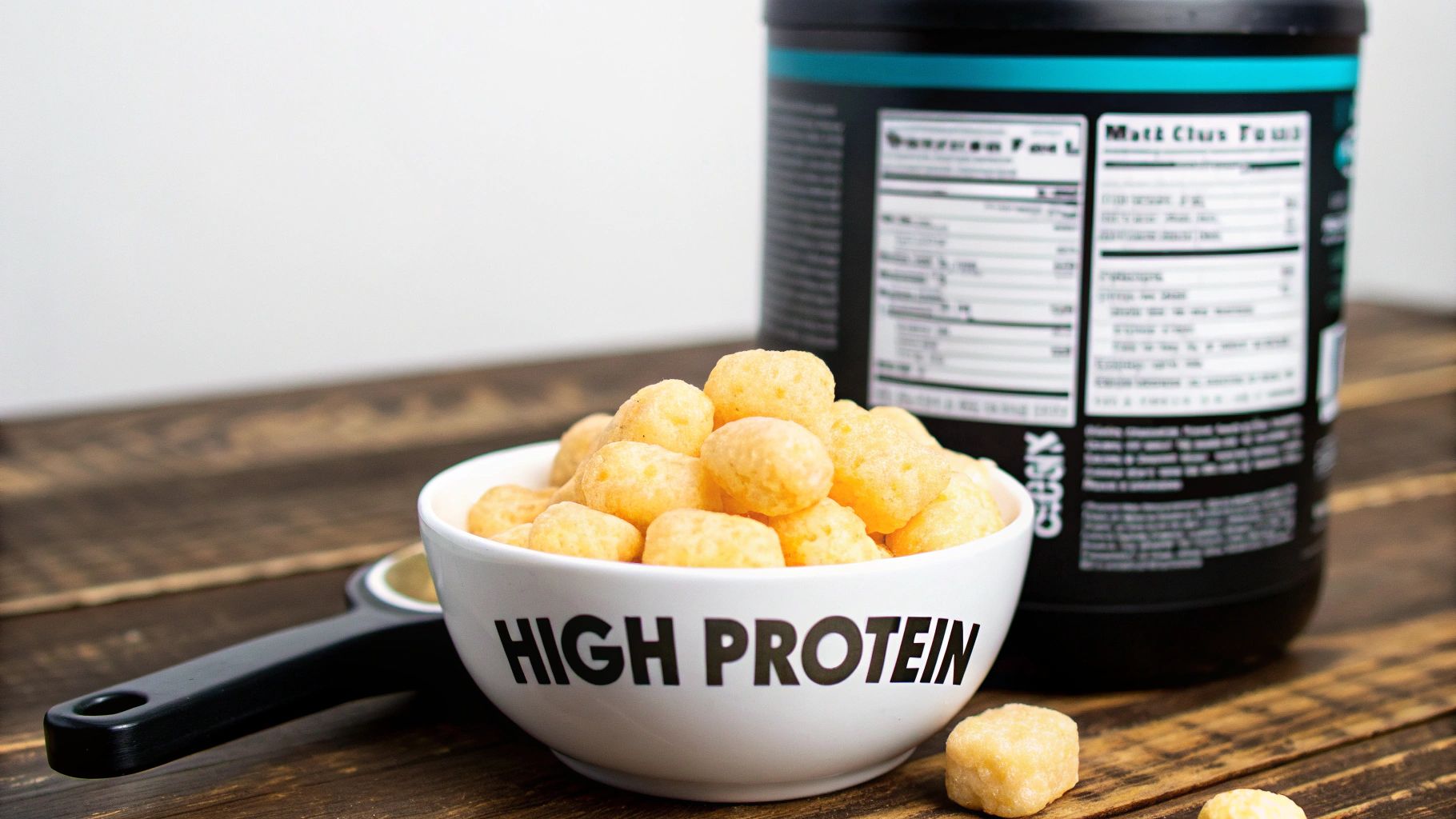 A white bowl filled with high protein cheese puffs, a protein powder container, and a scoop.