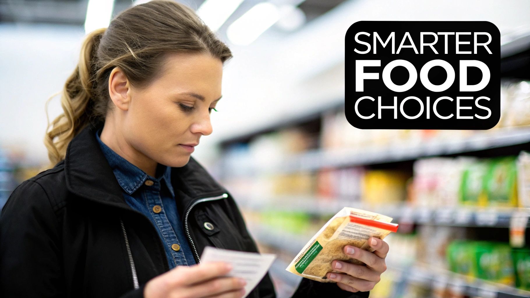 A woman carefully reads food labels in a grocery store, making smarter choices.