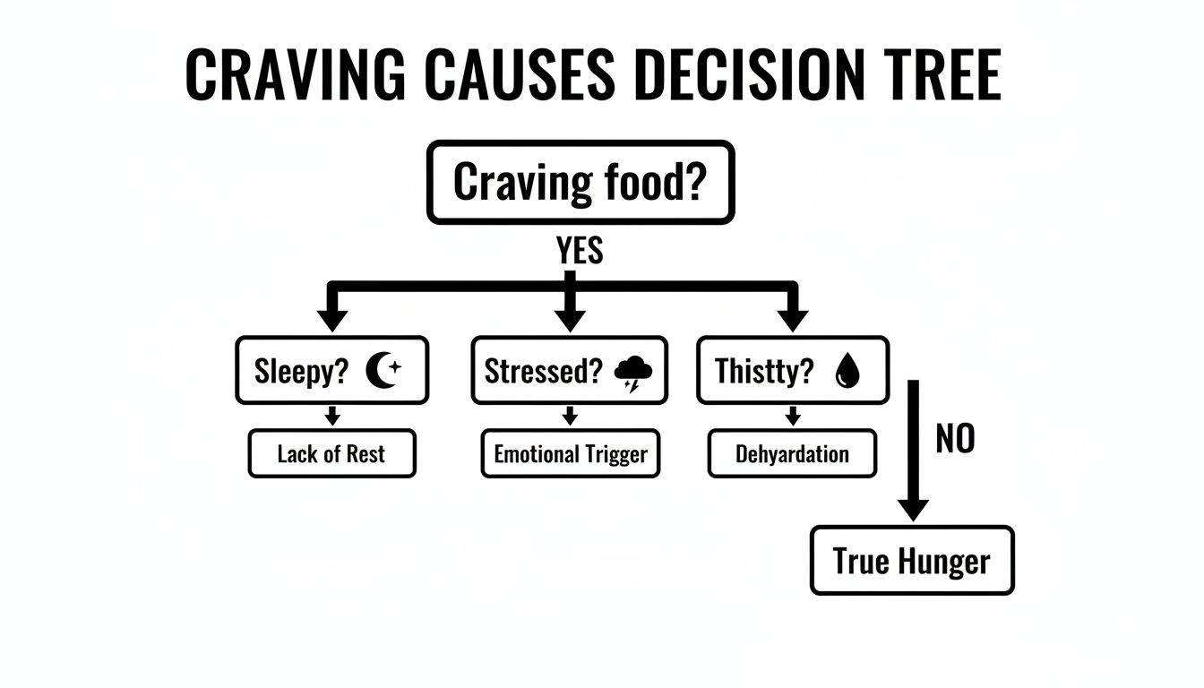 A decision tree flowchart explaining different causes of food cravings like sleepiness, stress, and thirst.